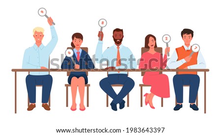 Contest judges, people committee judging vector illustration. Cartoon diverse jury man woman characters with sign card board scorecards vote and show score, sitting at table together. Royalty-Free Stock Photo #1983643397