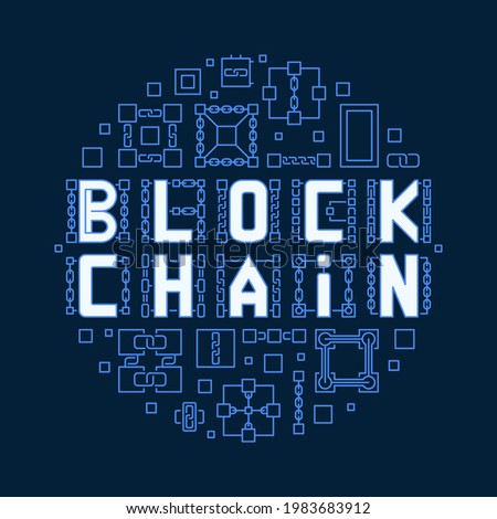 Blockchain Technology concept round banner or vector line illustration on dark blue background