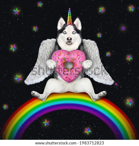 A dogicorn husky with white wings holds a pink donut on a rainbow at night.