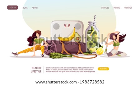 Woman doing fitness training, yoga mat, scales, detox drink. Sport, Workout, Healthy lifestyle, Gym, Fitness, Training concept. Vector illustration for poster, banner, advertising, website. Royalty-Free Stock Photo #1983728582