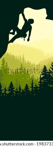 Vertical banner of man climbing rock overhang. Mountains and forest in background. Silhouette of climber with green background. Illustration. Bookmark. Text insert.
