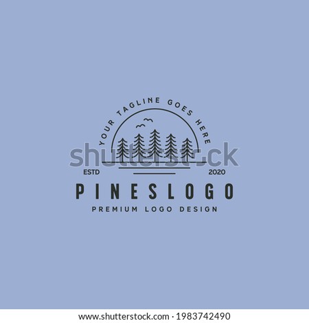 landscape pine tree line art logo vector with sun symbol illustration design, pines minimal logo design