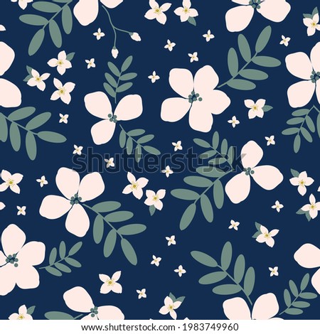 Seamless vintage pattern . dark blue background. large and small white flowers . green leaves. vector texture. fashionable print for textiles and wallpaper.