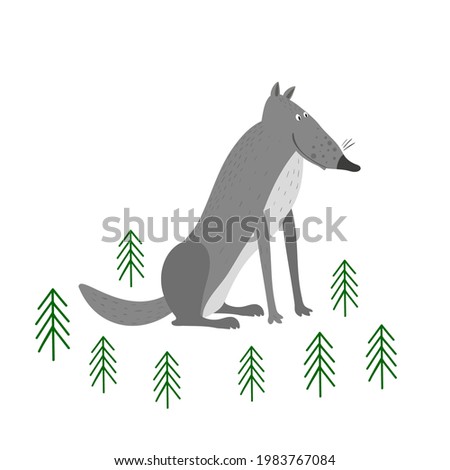 Vector scene with grey wolf in the forest. Wolf isolated on a white background. Illustration in hand drawn style.