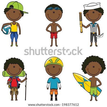 African-American summer boys set including volleyball player, swimmer, roller, surfer and hiker