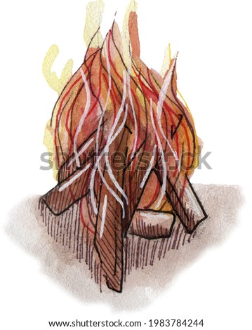 Tourist bonfire with fire in the forest. Watercolor drawing translated into vector on a transparent background.