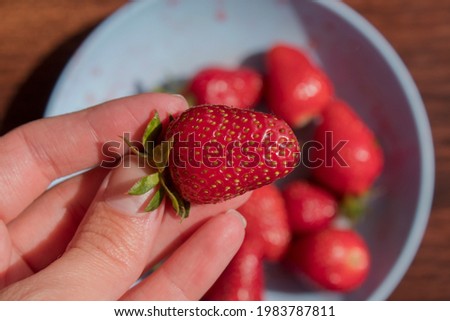 Female hand holding a strawberry against the background of a bowl with the same fruit. Healthy food. Delicious source of vitamins. 