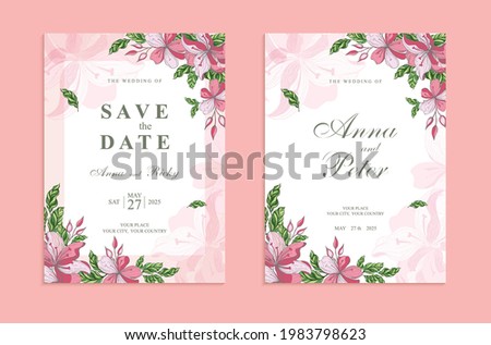 Wedding invitation on the background of palm tropical branches and leaves. Vector holiday invitation. Set. 