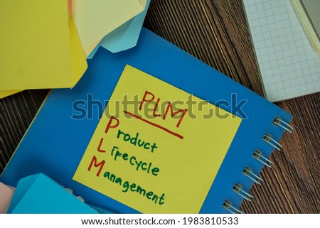 PLM - Product Lifecycle Management write on notes isolated on Wooden Table.