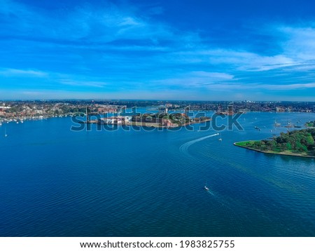 Panoramic aerial drone view of Sydney CBD views from Woolwich NSW Australia