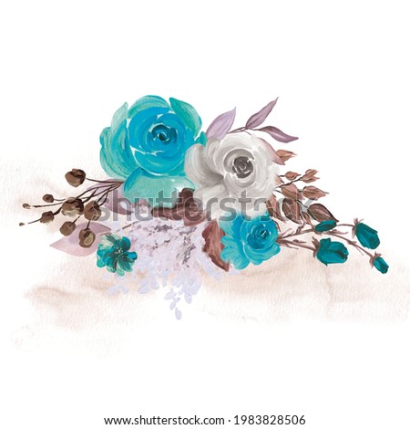 Watercolor Floral Illustration. Abstract Branch of Flowers Clip Art. Botanic Composition for Greeting Card or Invitation. Blue and White Roses.