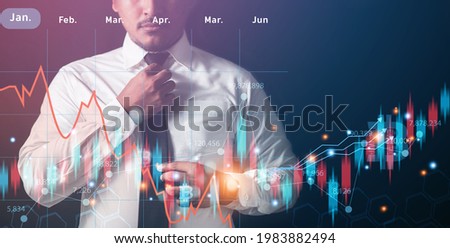 business people analyze monthly financial data Online currency stock chart interface concept, online trading balance.