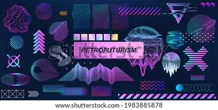 Trendy retrofuturistic holographic collection in vaporwave style in 80s-90s. Old wave cyberpunk concept. Shapes design elements for disco genre, retro party or themed event. Neon shapes with glitch Royalty-Free Stock Photo #1983885878