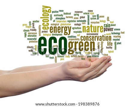 Concept or conceptual abstract green ecology, conservation word cloud text in man hand on white background for environment, recycle, earth, clean, alternative, protection, energy, eco friendly or bio