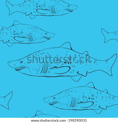 Sharks in the water. Black outline on the blue background. Sketch. Seamless pattern. vector