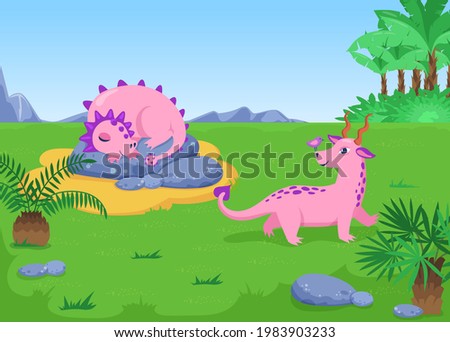 Tropical landscape with pink dinosaurs cartoon illustration. Animal sleeping curling up in ball. Funny dino having fun with bird. Illustration for children. Nature concept.