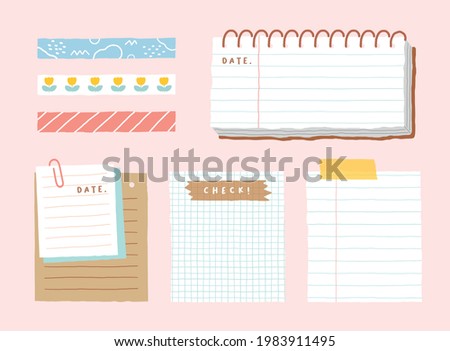 Cute memo template. A collection of striped notes, blank notebooks, and torn notes used in a diary or office. Royalty-Free Stock Photo #1983911495