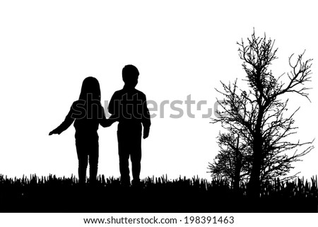 Vector silhouette of children in nature on white background.