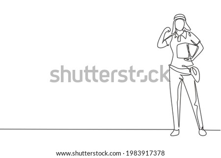 Continuous one line drawing deliverywoman stands with celebrate gesture carrying package box that customer order to be delivered. Professional job. Single line draw design vector graphic illustration