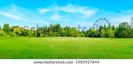 Green forest and ferris wheel with grass in the city park. Royalty-Free Stock Photo #1983927644