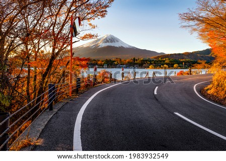 Fuji Mountain and Local Road along Kawaguchiko Lake in Autumn