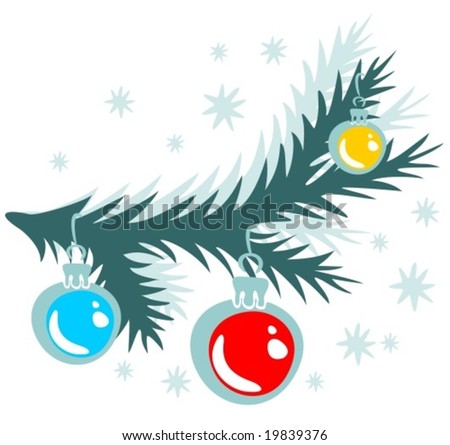 Branch of a christmas fur-tree with balls and stars.Christmas illustration.
