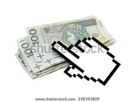 Computer hand cursor with polish money. Clipping path included.