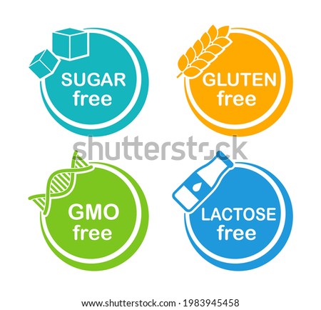 Allergen free label set. Sugar, gluten, GMO, lactose free. Natural product and organic food labels. Healthy food sign. Vegan badges. Vector illustration.