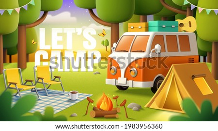 Cute camper van, tent, bonfire and outdoor picnic equipment settled in the forest. Concept of wanderlust, travel, and camping adventure. 3d illustration. Royalty-Free Stock Photo #1983956360