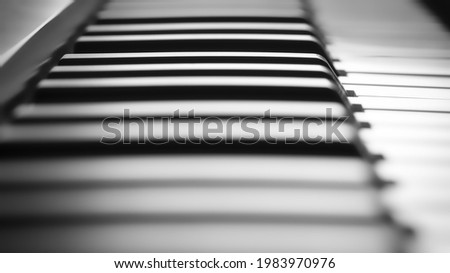 A shallow depth of field close-up shot of the piano keyboard showing only the black and white parts 