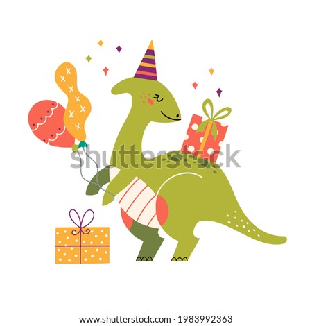 Cartoon cute dinosaur for birthday party. Baby Dino with balloons and presents. Jurassic colorful animal for baby shower and invitation. Prehistoric dragon in nordic style. 