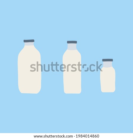 Hand drawn doodle line vector illustration set of milk, kefir in different glass bottles. Isolated on blue background