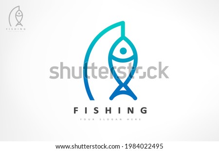 Fishing logo vector. Fish and rod design. Shop everything for fishing.