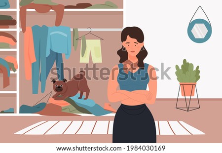 Bad behavior of naughty dog, trouble mess in room vector illustration. Cartoon woman pet owner character angry at guilty puppy for mess chaos, funny doggy playing with clothes in wardrobe background Royalty-Free Stock Photo #1984030169