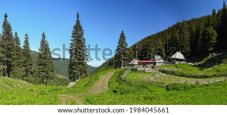 A rustic wooden sheepfold positioned in an alpine pasture, near a spruce forest in Retezat Massif. A wooden fence encloses a yard were all the sheep are kept. Traditional breeding, Carpathia, Romania. Royalty-Free Stock Photo #1984045661
