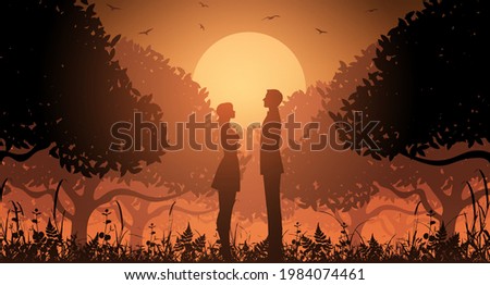 Silhouette couple in a forest with trees and birds. Sunset in a forest with a couple. Vector illustration Royalty-Free Stock Photo #1984074461