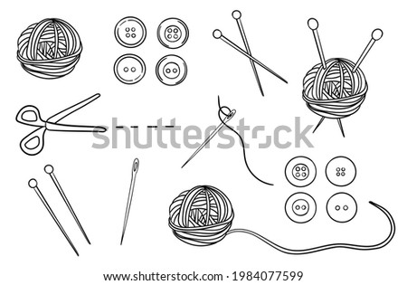 Set of sixteen knitting and sewing doodle elements. Black and white vector illustration.