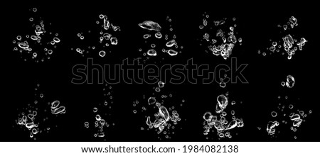 set water bubble white oxygen air, in underwater clear liquid with bubbles flowing up on the water surface, isolated on a black background