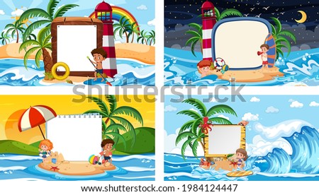 Set of different tropical beach scenes with blank banner illustration