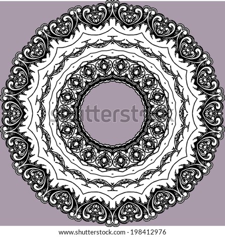 Vector mandala pattern. Lace circle template. Circle window in gothic style. Symmetry background. Hand drawn doodling. Vector doodle. Ornamental round lace, circle ornament