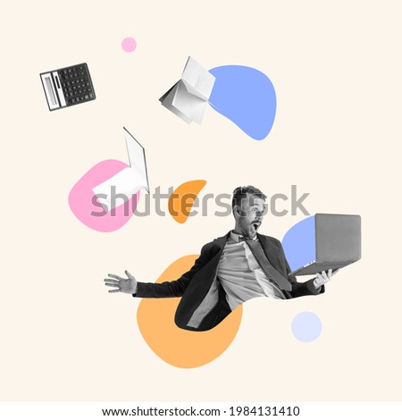 Crazy day and flying objects. Young manager, finance analyst or clerk working at office isolated on light background. Inspiration, idea, trendy. Concept of professional occupation, business, ad. Royalty-Free Stock Photo #1984131410