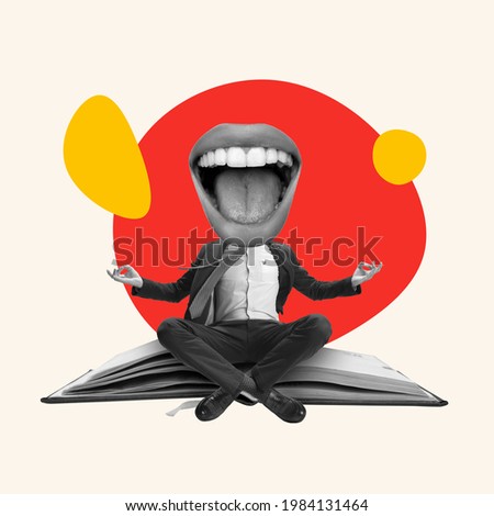 Funny meditation. Young manager or clerk dreaming at office isolated on light background. Contemporary art collage. Inspiration, idea, trendy. Concept of professional occupation, business, ad. Royalty-Free Stock Photo #1984131464
