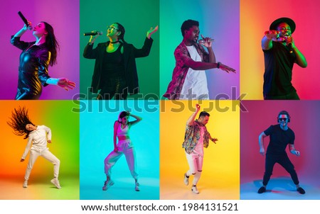 Singers againts dancers. Portraits of different models on multicolored background in neon light. Flyer, collage made of 8 models. Concept of emotions, facial expression, sales, ad and music.