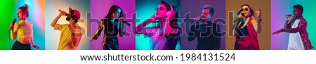 Singers againts dancers. Portraits of different models on multicolored background in neon light. Flyer, collage made of 7 models. Concept of emotions, facial expression, sales, ad and music. Royalty-Free Stock Photo #1984131524