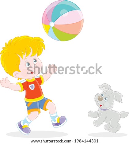 Happy little boy running and playing a big colorful ball with his cute merry pup on summer vacation, vector cartoon illustration