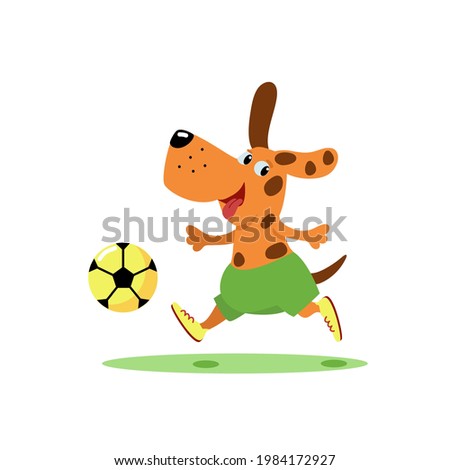 Little dog is playing football. Cute spotted puppy and ball. Funny animal is soccer player. Cartoon character, hand drawn vector flat illustration isolated on white background