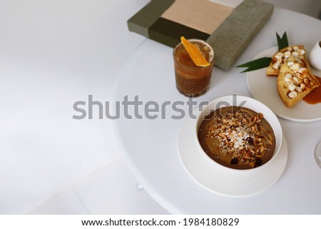 Healthy breakfast. Fresh granola muesli with yogurt Bowl of muesli in home