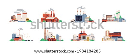 Set of power stations and plants for energy generation. Different types of factory buildings of heavy industry, generating electricity. Colored flat vector illustration isolated on white background Royalty-Free Stock Photo #1984184285