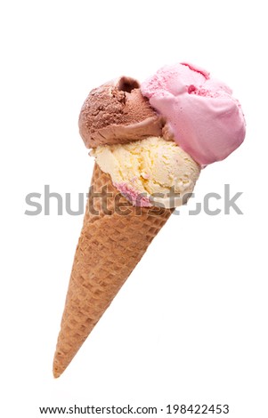 A diagonal ice cream cone with three different scoops of ice cream