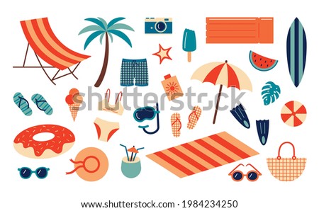 Summer beach set. Cartoon sea and ocean recreation attributes, parasol sunglasses ball slippers and towels. Vector summer vacation set Royalty-Free Stock Photo #1984234250